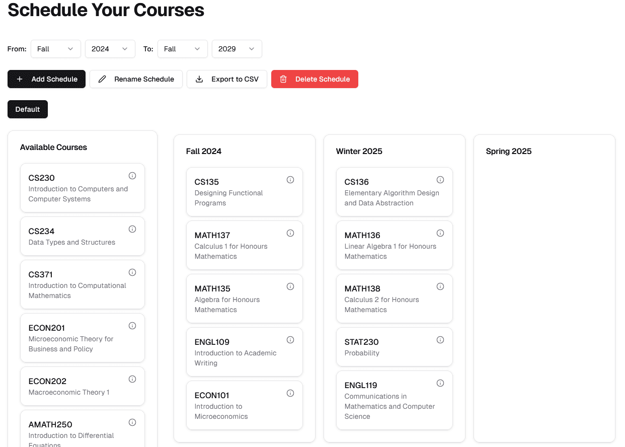 Course scheduling interface