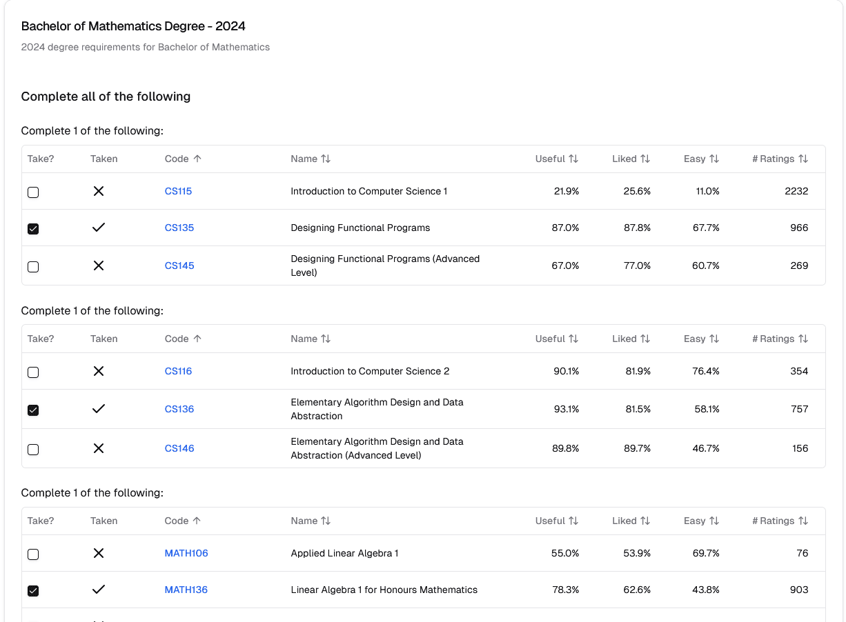 Course selection interface